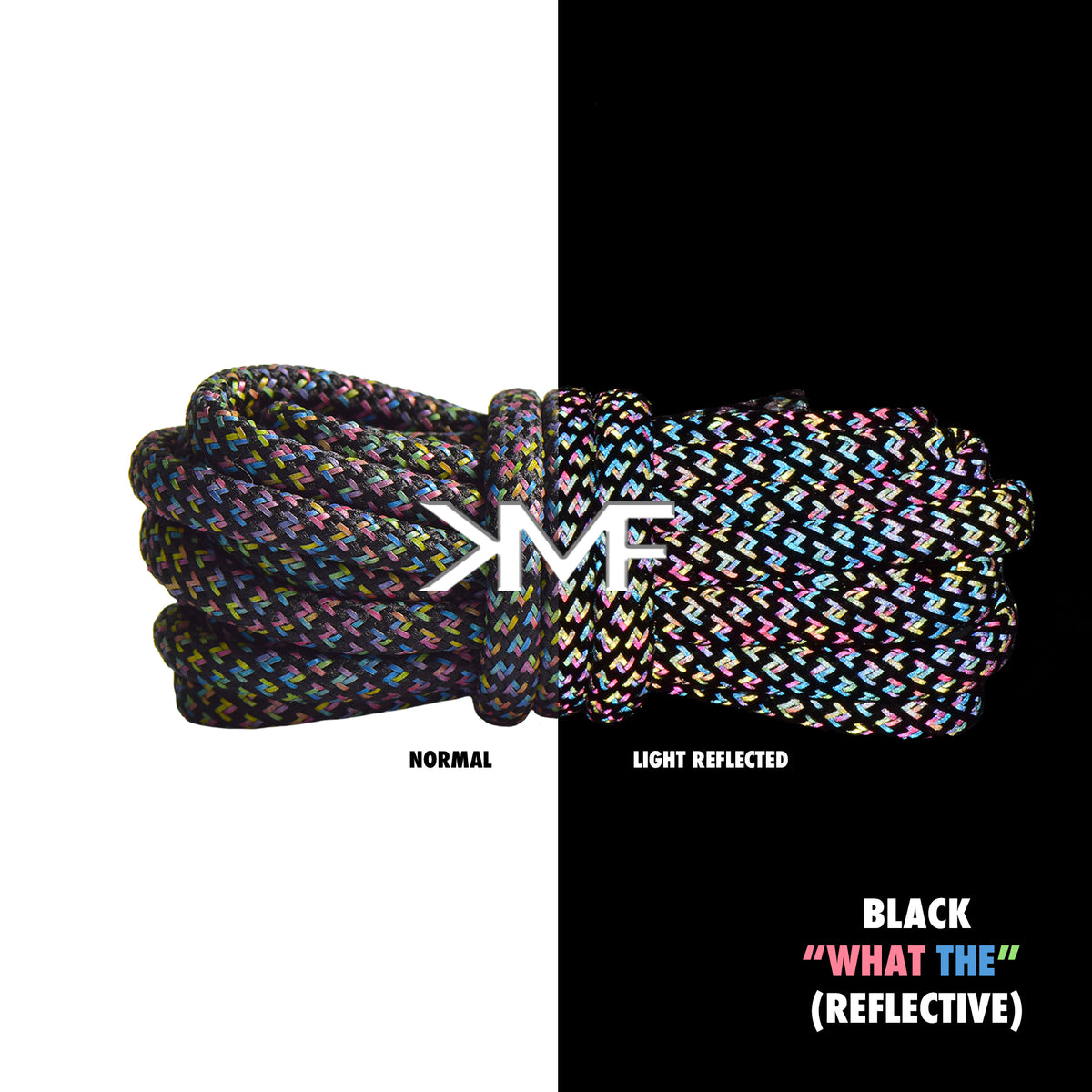 Black &quot;What The&quot; Reflective Boost 350 Premium Rope Shoelaces