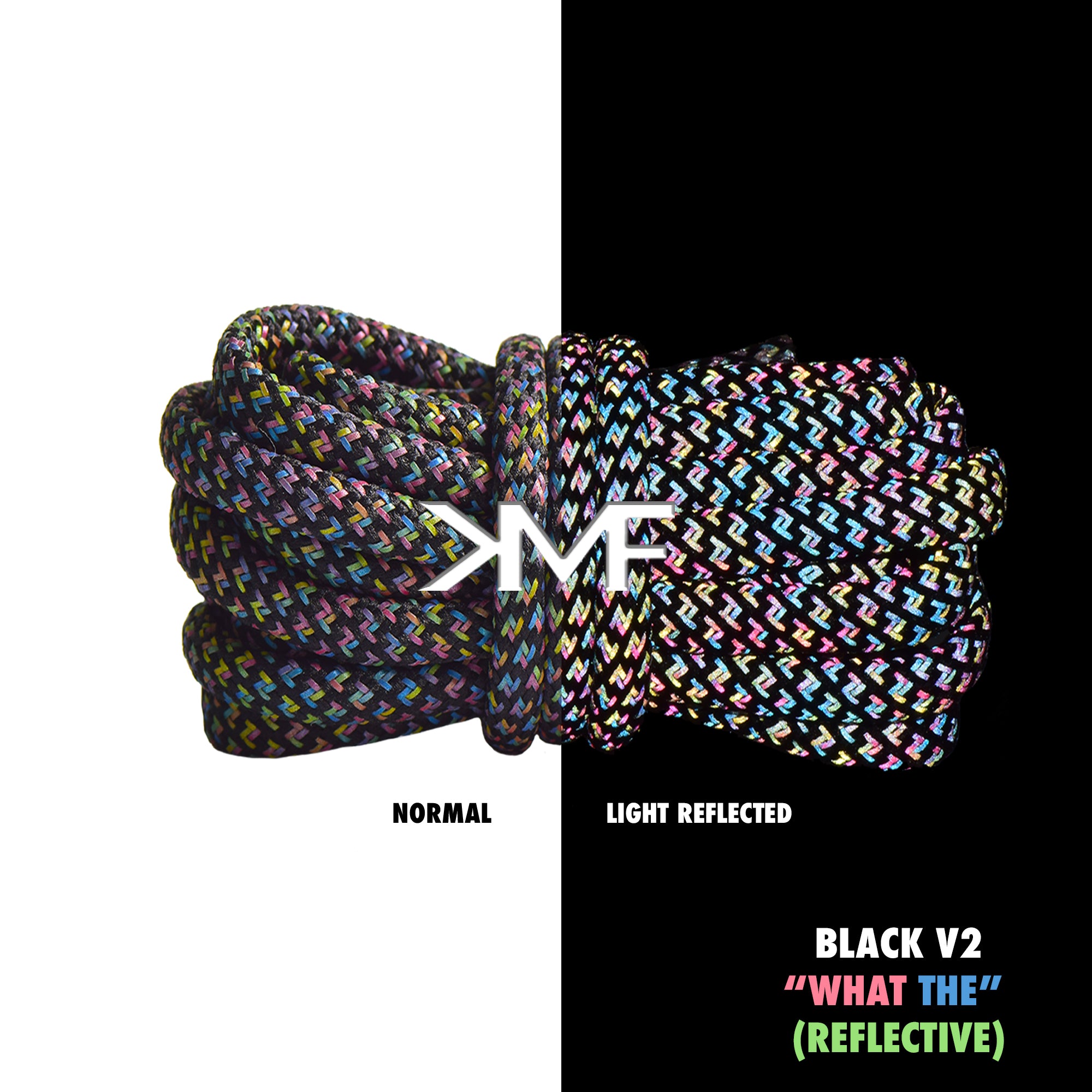 Black "What The" V2 Reflective Rope Shoelaces