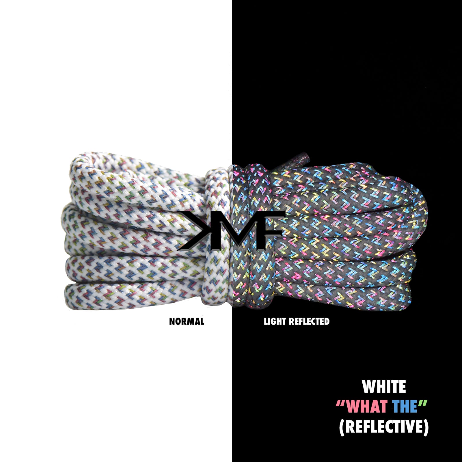 White "What The" Reflective Boost 350 Premium Rope Shoelaces